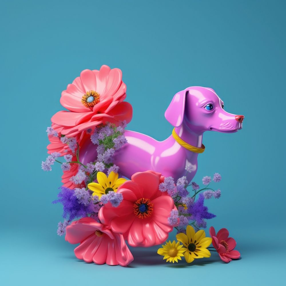 3d Surreal of a dog with flowers purple animal mammal.