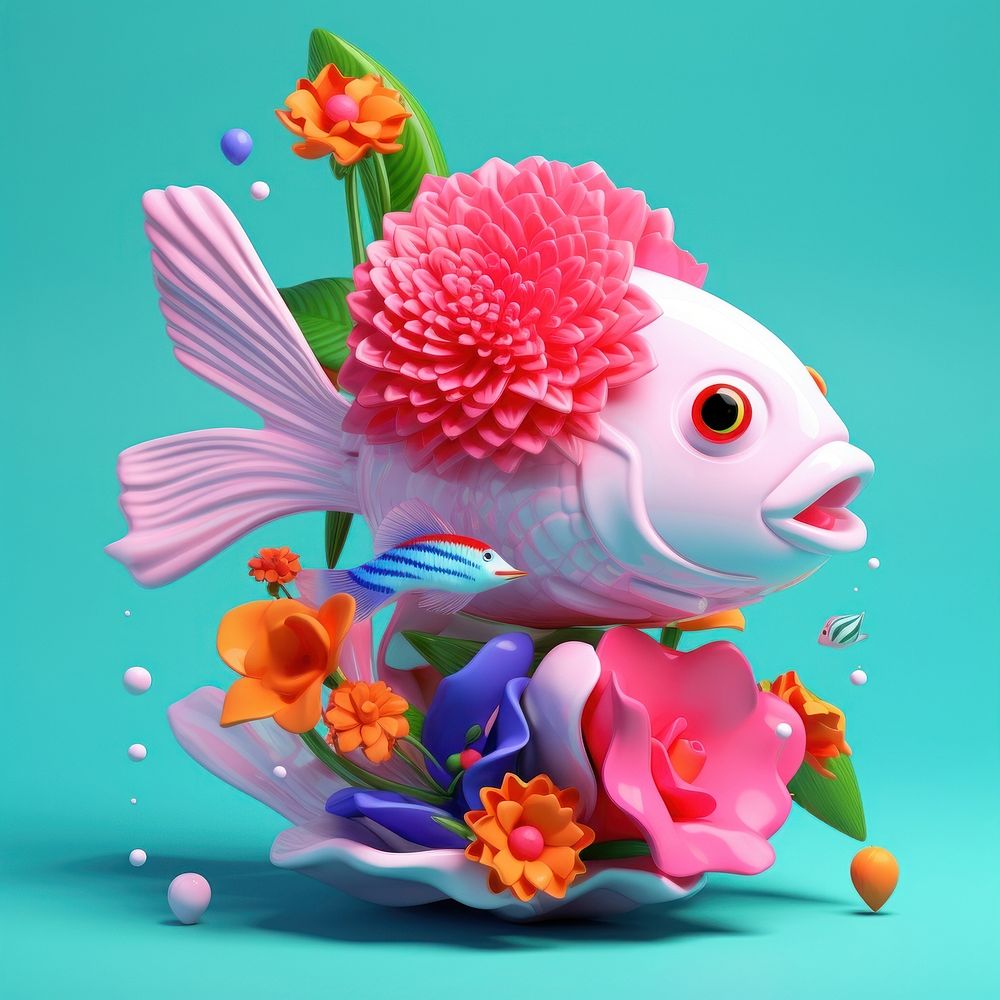 3d Surreal of a fish with flowers animal petal plant.