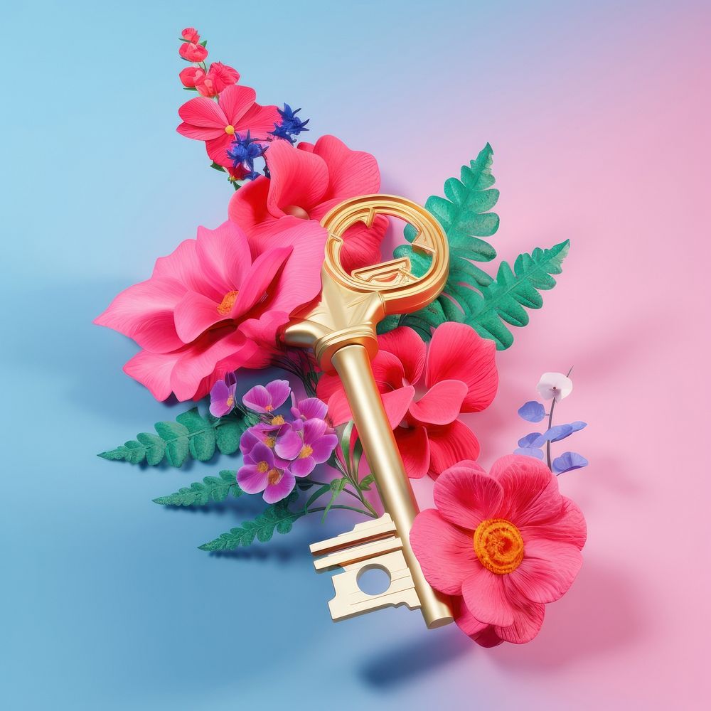 3d Surreal of a key with flowers inflorescence celebration fragility.