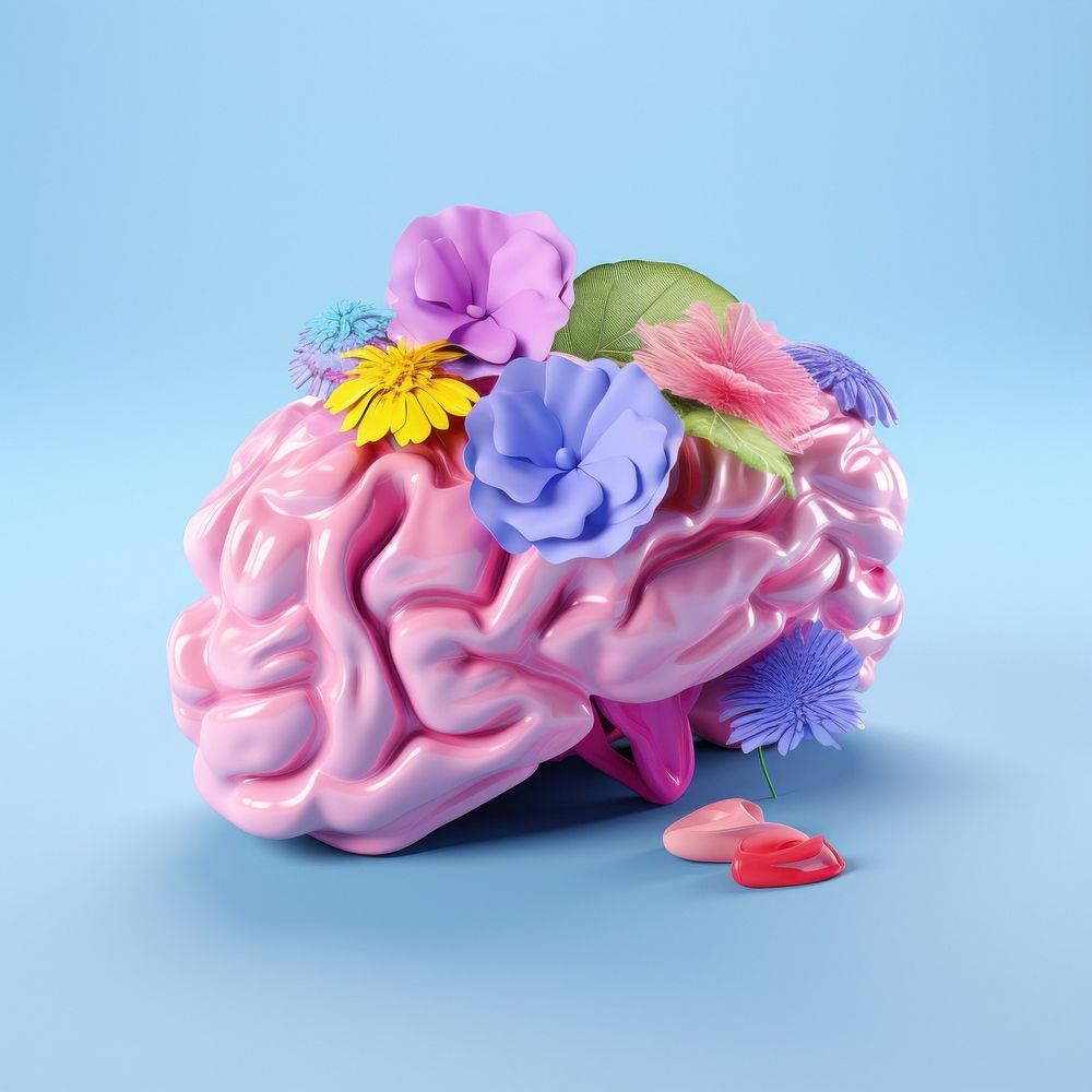 3d Surreal of a half brain with flowers nature plant petal.