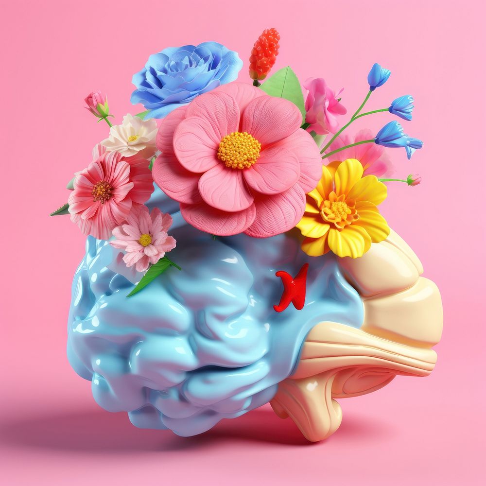 3d Surreal of a half brain with flowers petal plant vase.