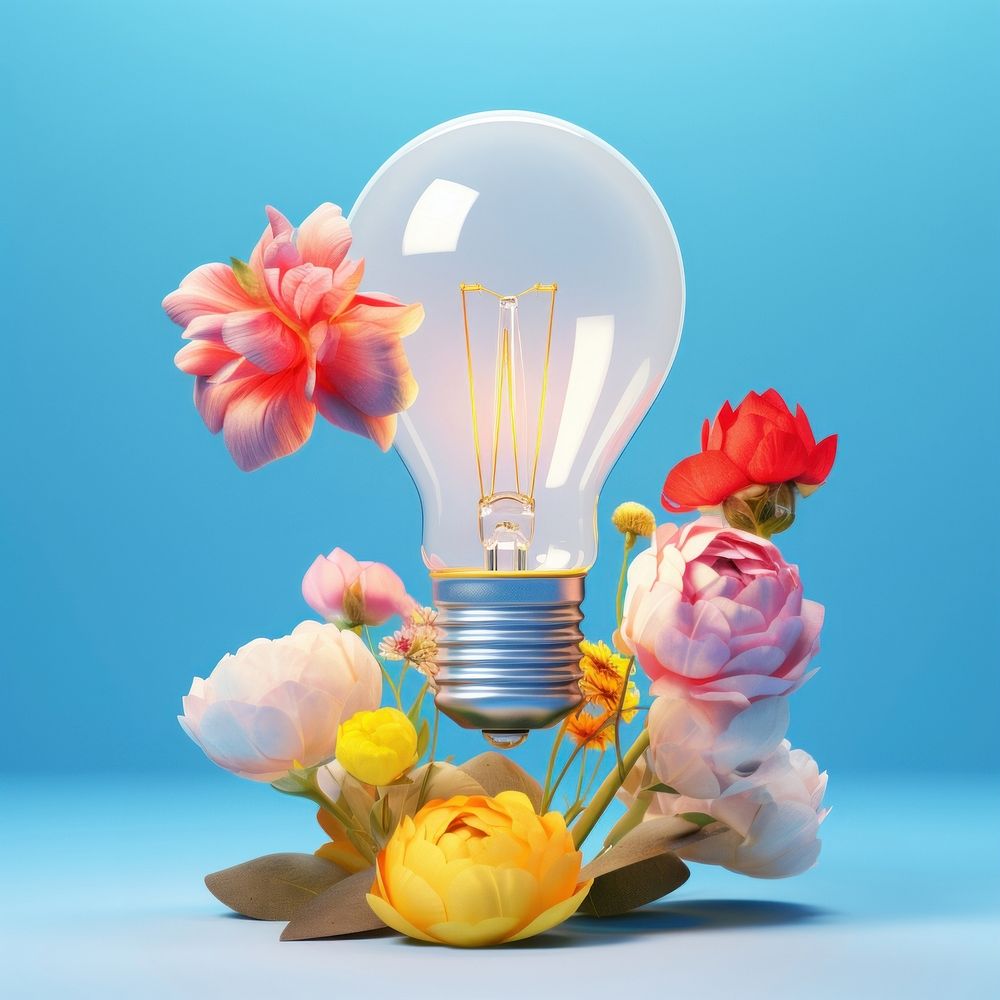 3d Surreal of a lightbulb combined with flowers and cloud plant electricity illuminated.