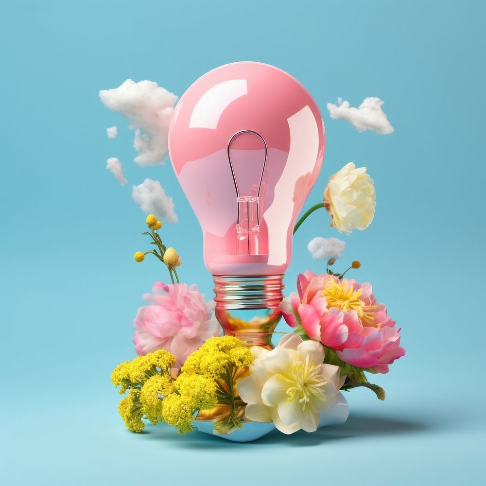 3d Surreal of a lightbulb combined with flowers and cloud nature plant inflorescence.