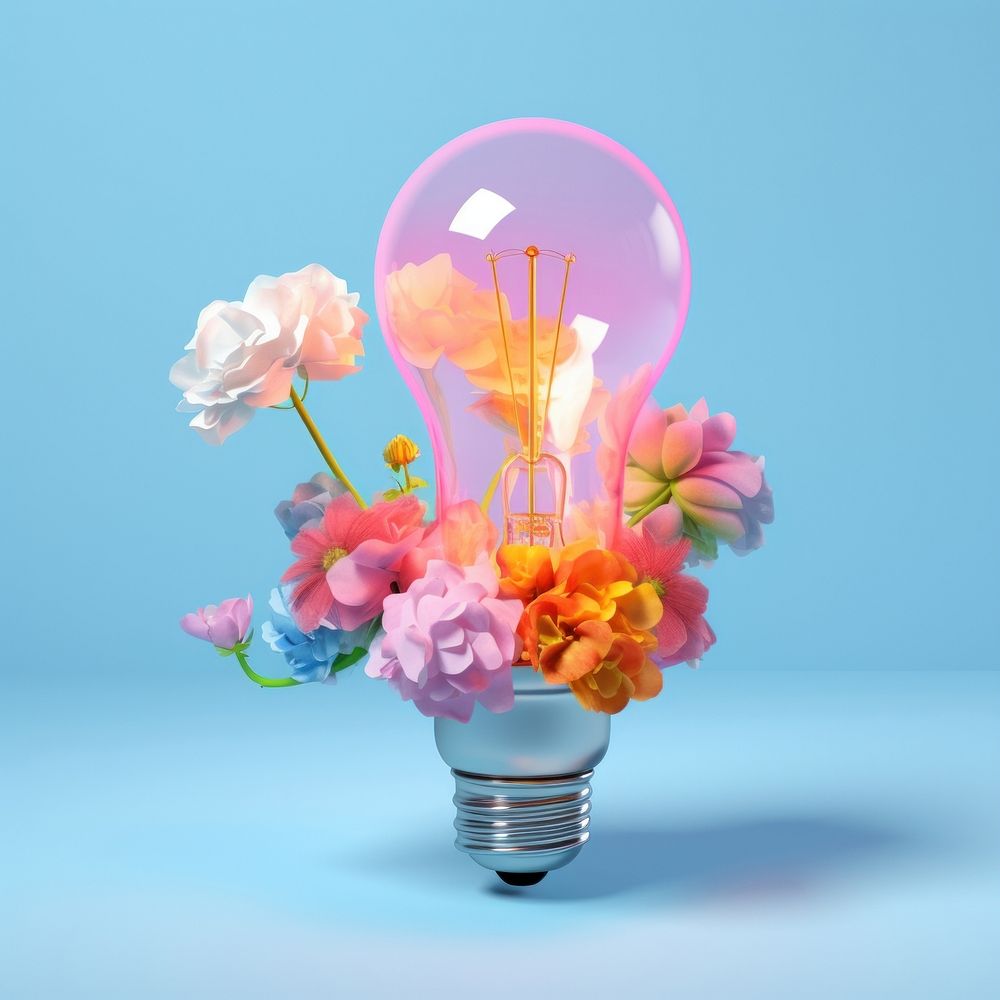 3d Surreal of a lightbulb combined with flowers and cloud plant inflorescence innovation.