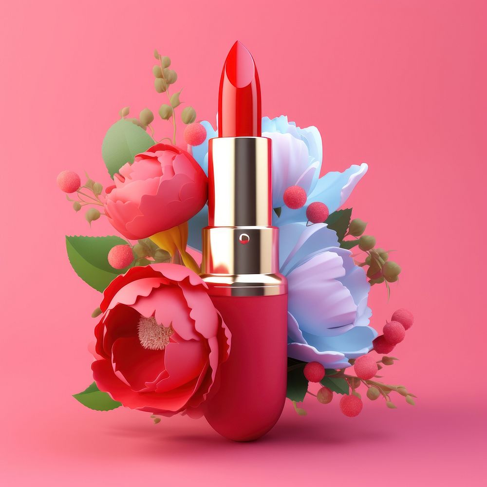 3d Surreal of a lipstick with flowers cosmetics plant freshness.