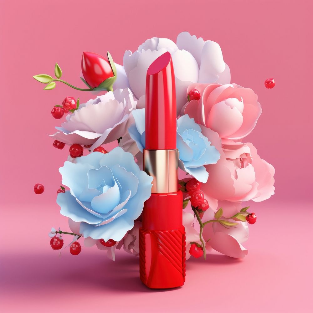 3d Surreal of a lipstick with flowers cosmetics plant freshness.