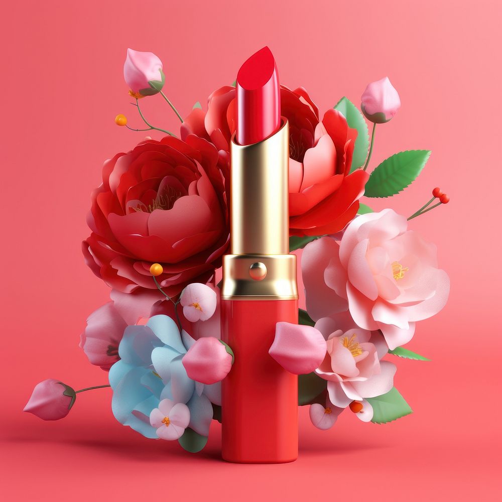 3d Surreal of a lipstick with flowers cosmetics plant petal.