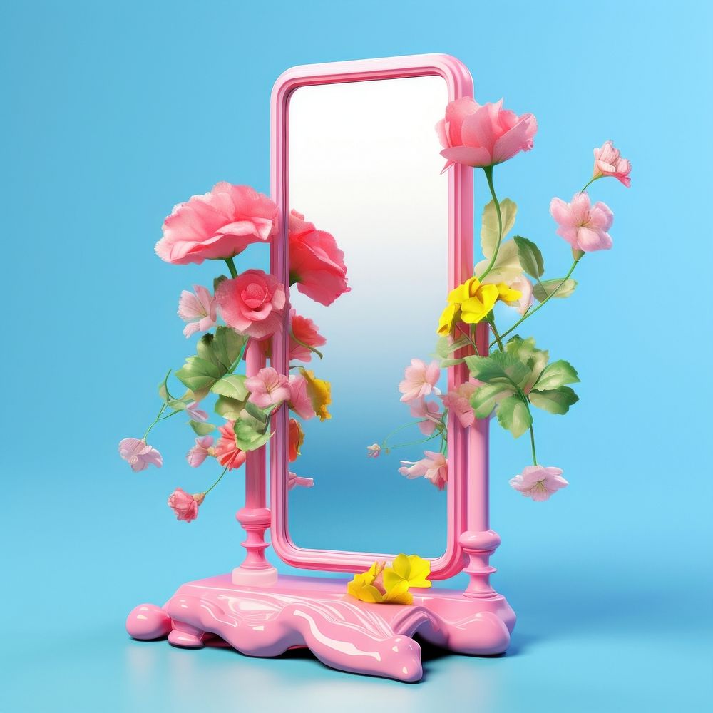 3d Surreal of a mirror with flowers plant fragility freshness.