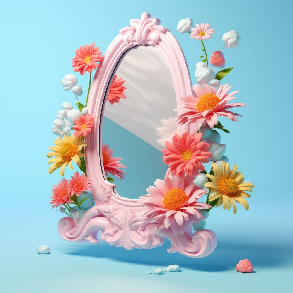 3d Surreal of a mirror with flowers plant decoration asteraceae.