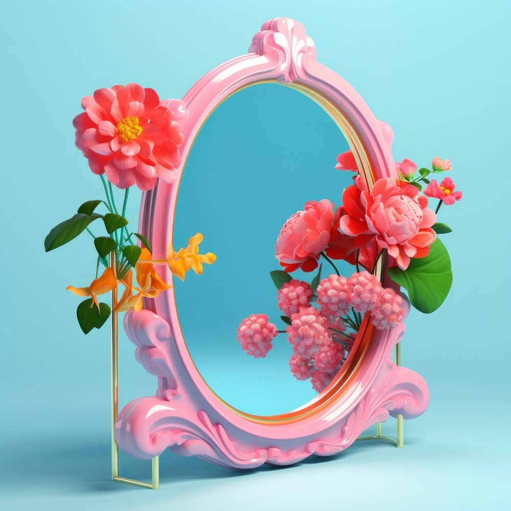 3d Surreal of a mirror with flowers plant rose photography.