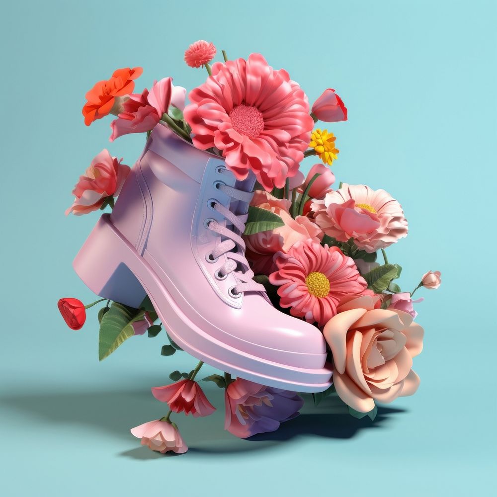 3d Surreal of a schoes with flowers footwear plant petal.