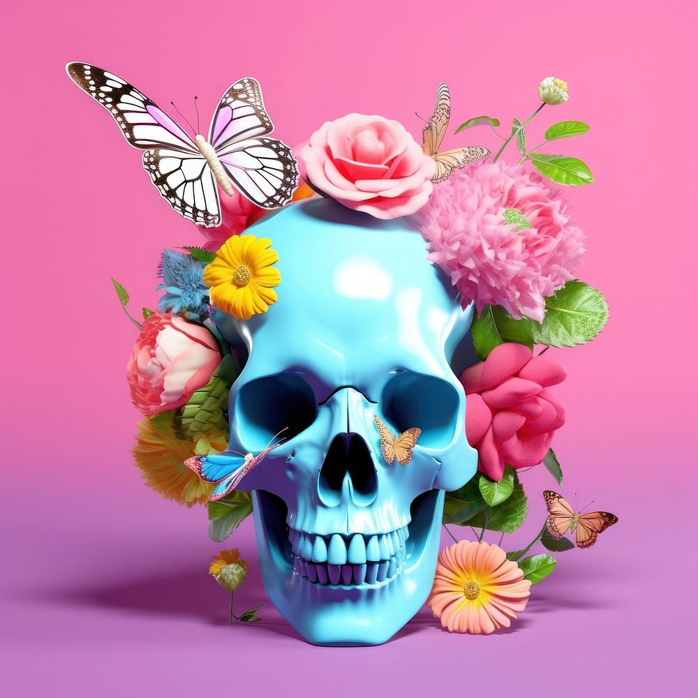3d Surreal of a skull with butterfly and flowers purple plant petal.