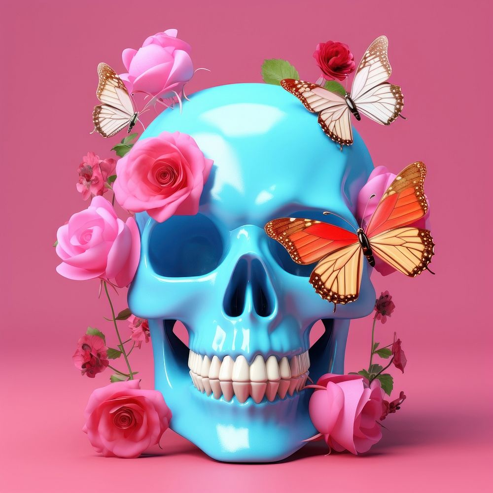 3d Surreal of a skull with butterfly and flowers petal plant rose.