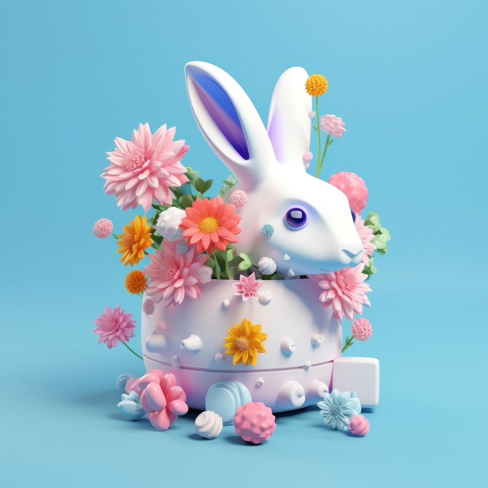 3d Surreal of a rabbit with flowers mammal plant cake.