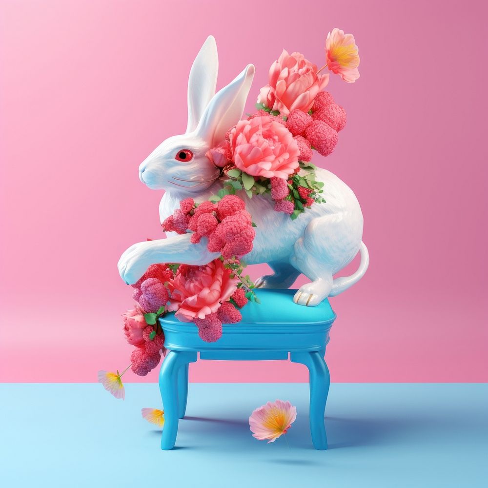 3d Surreal of a rabbit with flowers animal mammal plant.