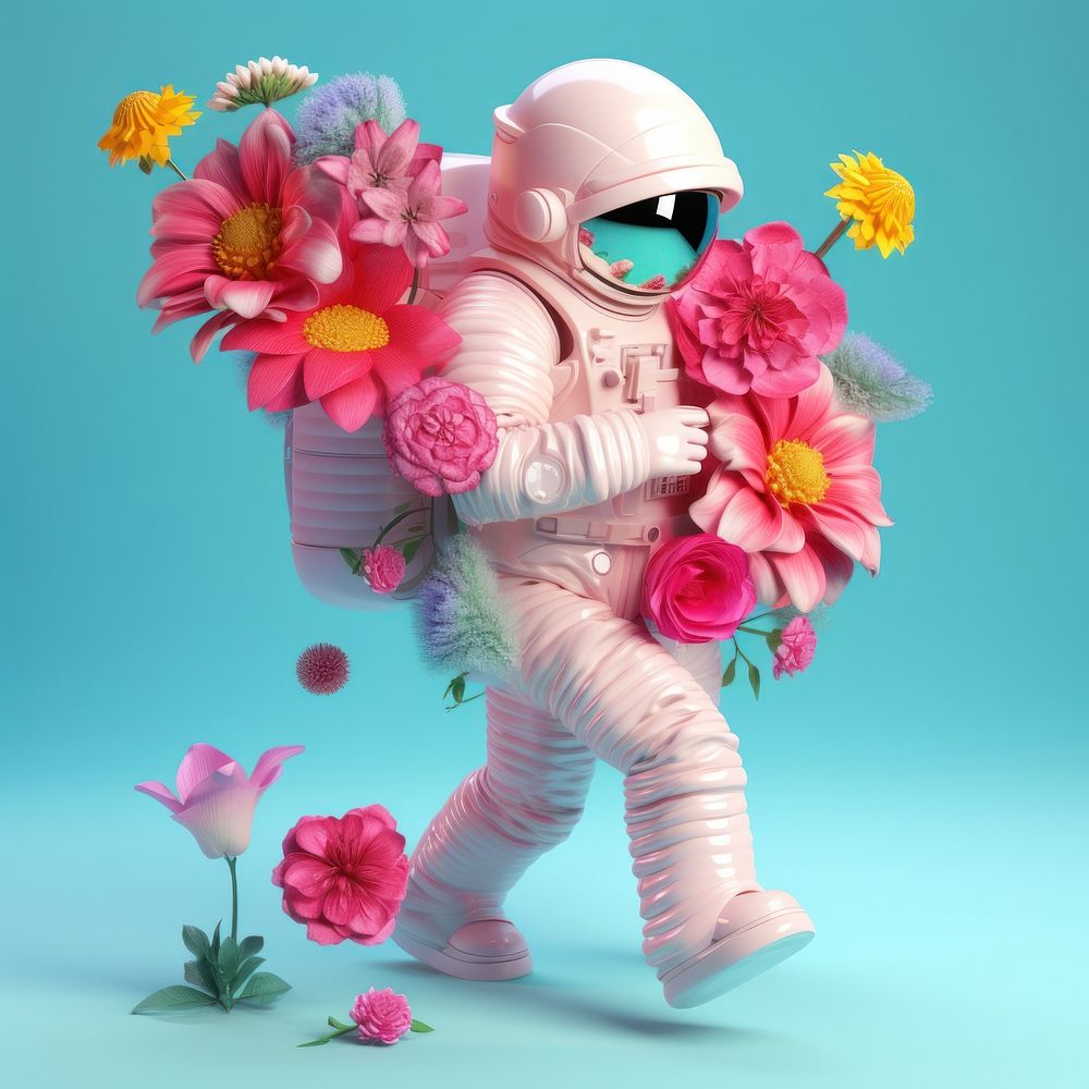 3d Surreal of an astronaut with flowers petal plant toy.