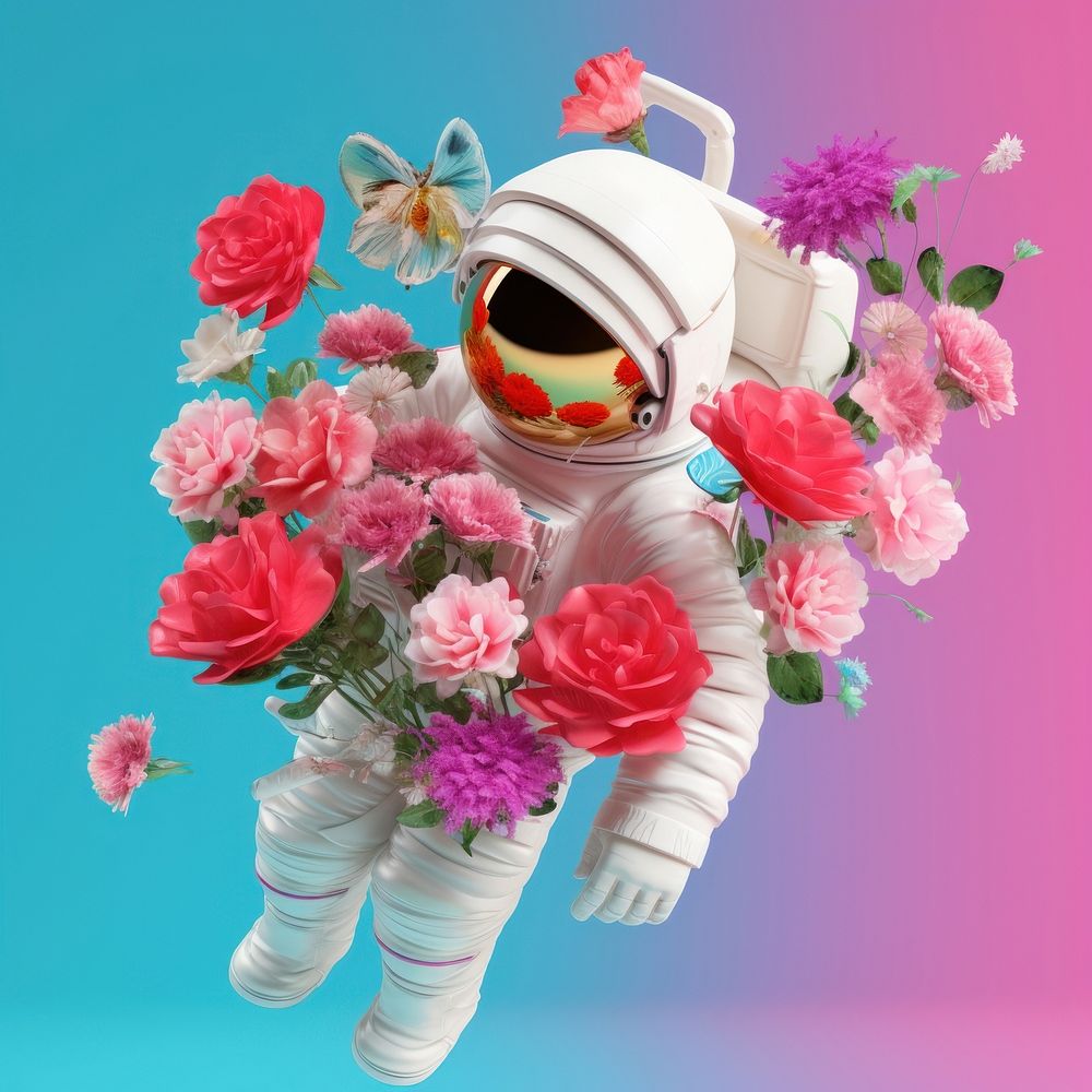 3d Surreal of an astronaut with flowers petal plant rose.