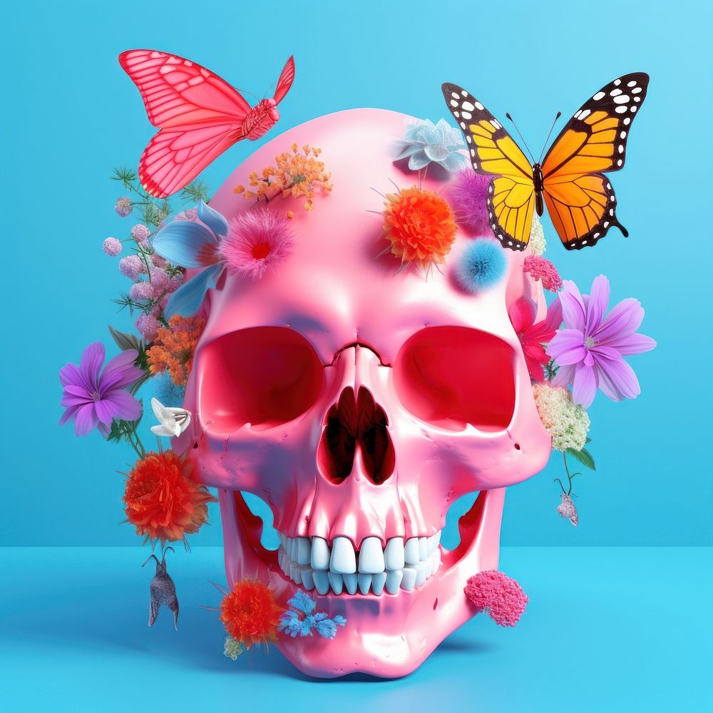Skull with butterfly and flowers purple nature plant.