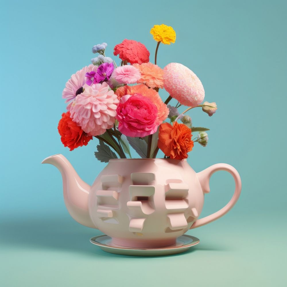 Minimal teapot collage photo flowers plant vase rose.