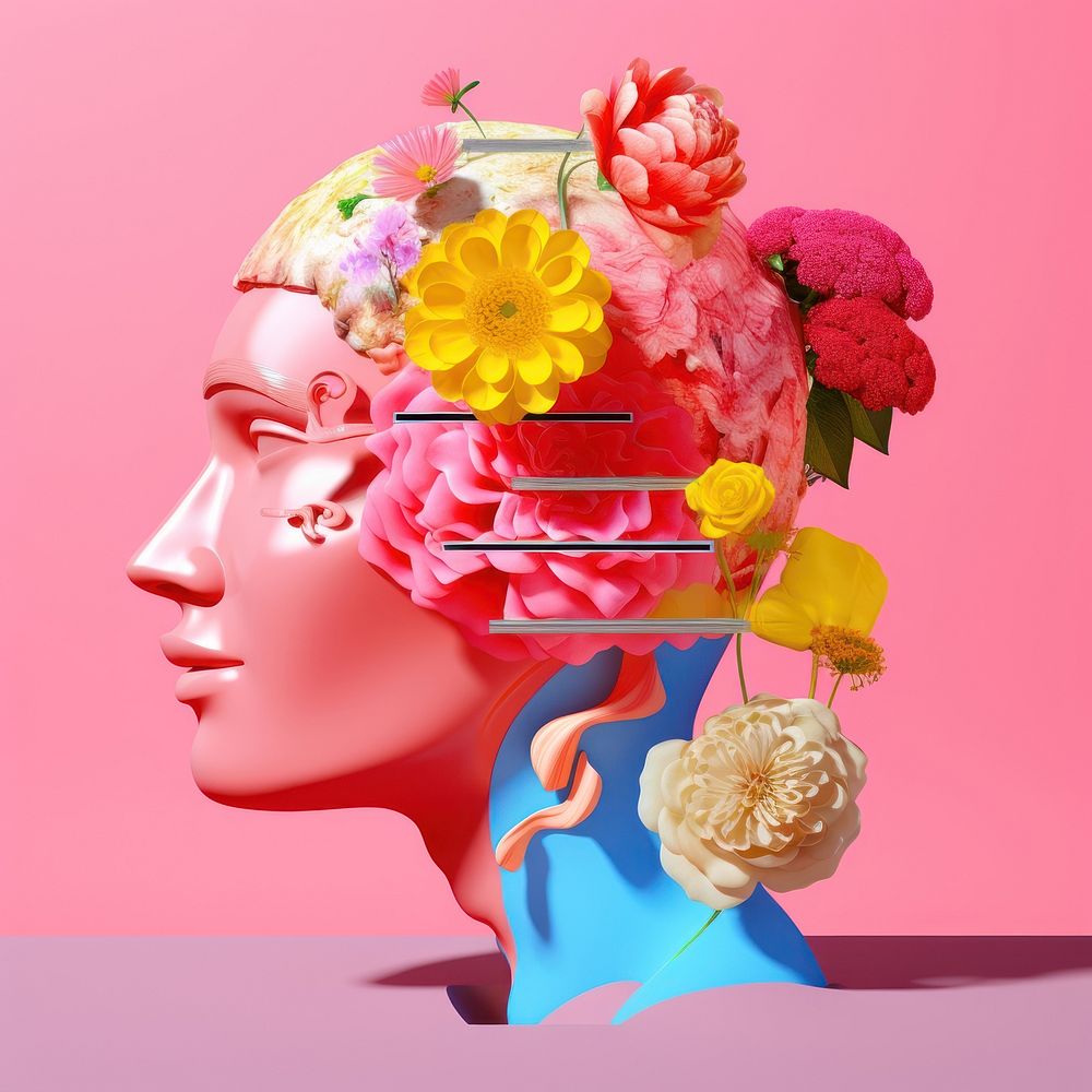 Realistic woman collage photo flowers and half minimal line art plant brain rose.
