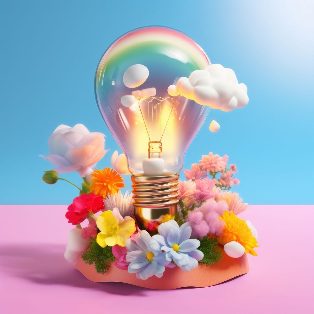 3d Surreal collage of a lightbulb combined with flowers and cloud plant illuminated electricity.