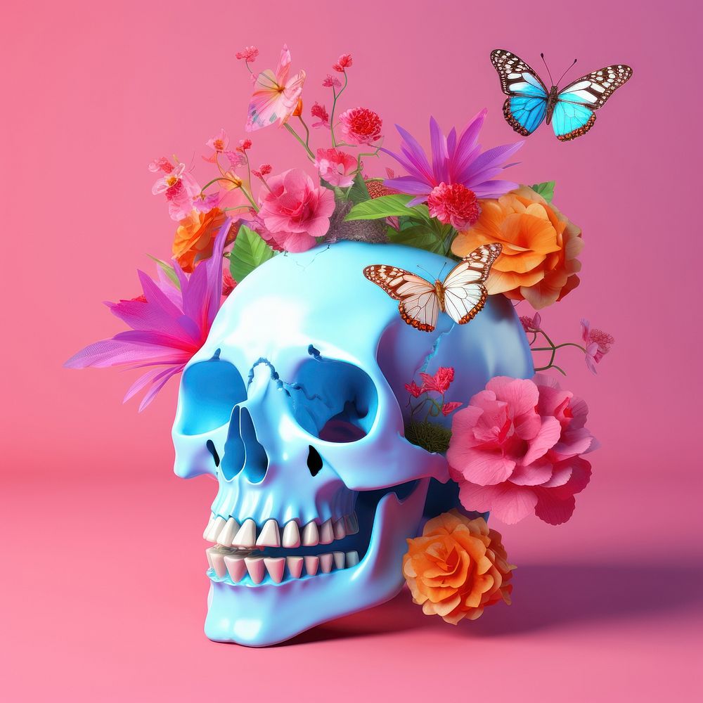 3d Surreal illustration of a skull with butterfly and flowers petal plant rose.