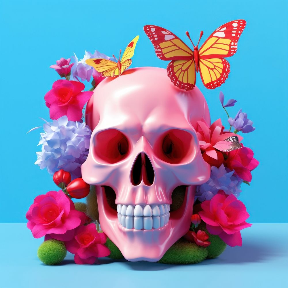 3d Surreal illustration of a skull with butterfly and flowers plant petal representation.
