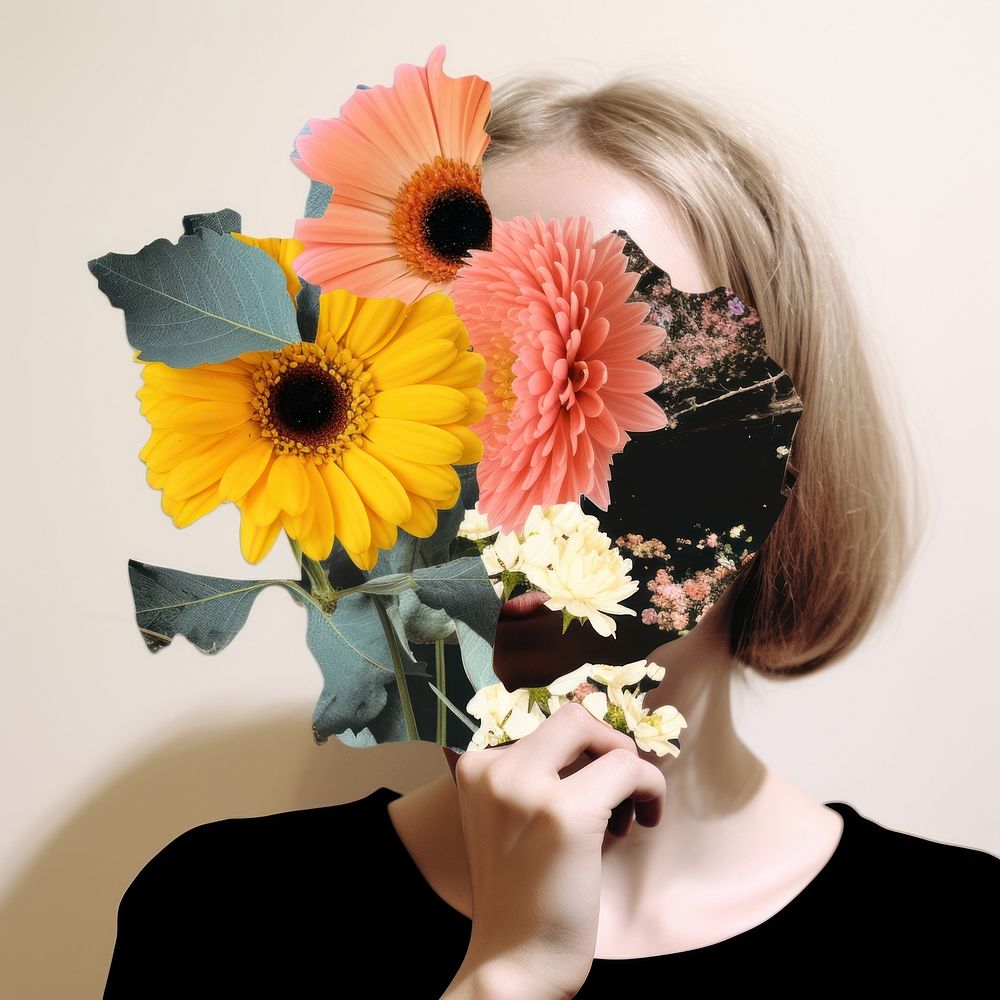 Half flower photo and half line art look like brain sunflower portrait adult.