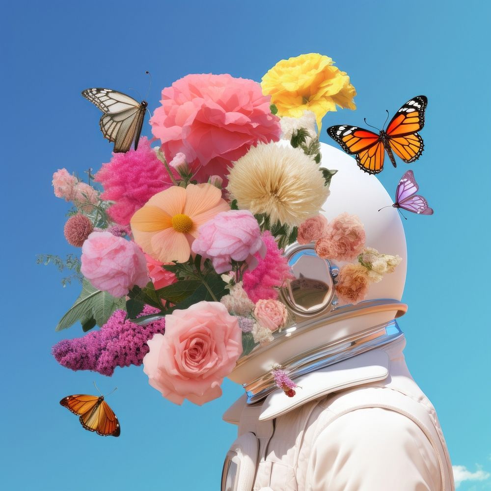 An astronaut with flowers and butterfly outdoors nature plant.