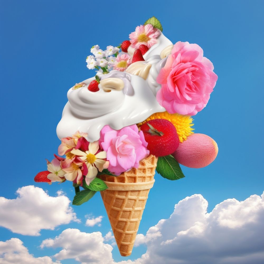 Icecream cone with flowers and cloud dessert food strawberry.