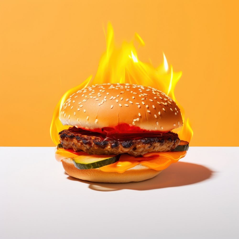 Photography of a Burning hamburger burning food fire.