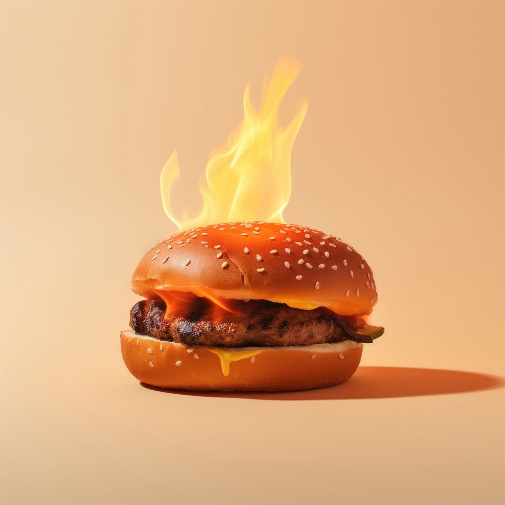 Photography of a Burning hamburger burning food fire.