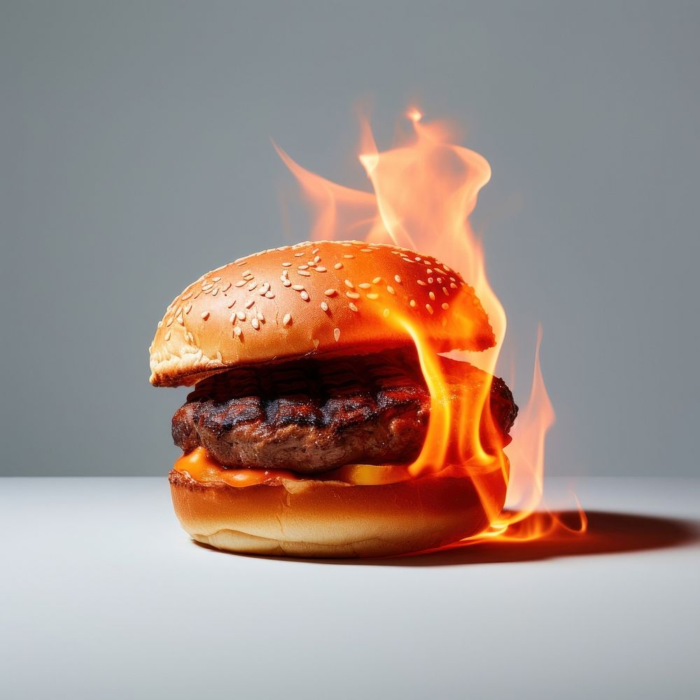 Food hamburger burning fire.