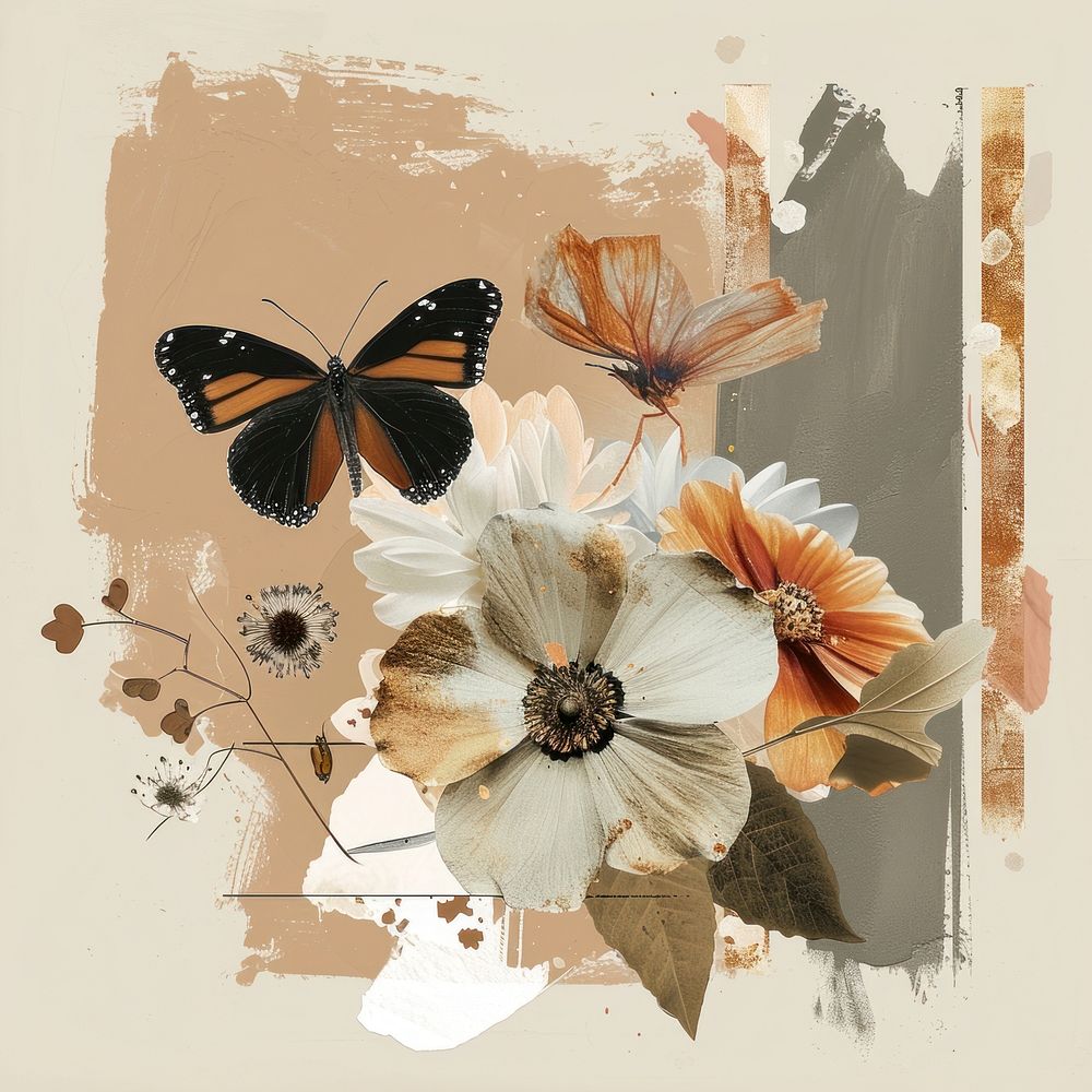 Flower and butterfly a earth tone brush stroke collage painting pattern.