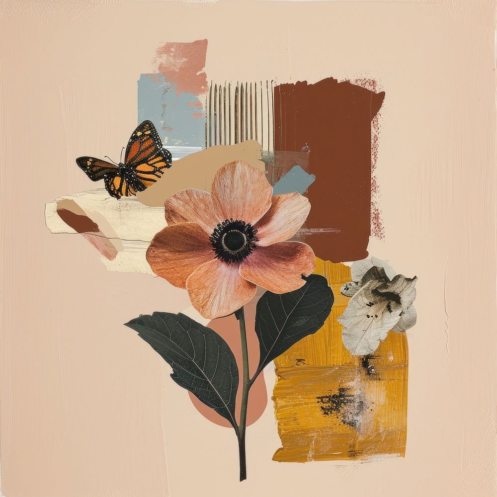 Flower and butterfly a earth tone brush stroke collage painting plant.