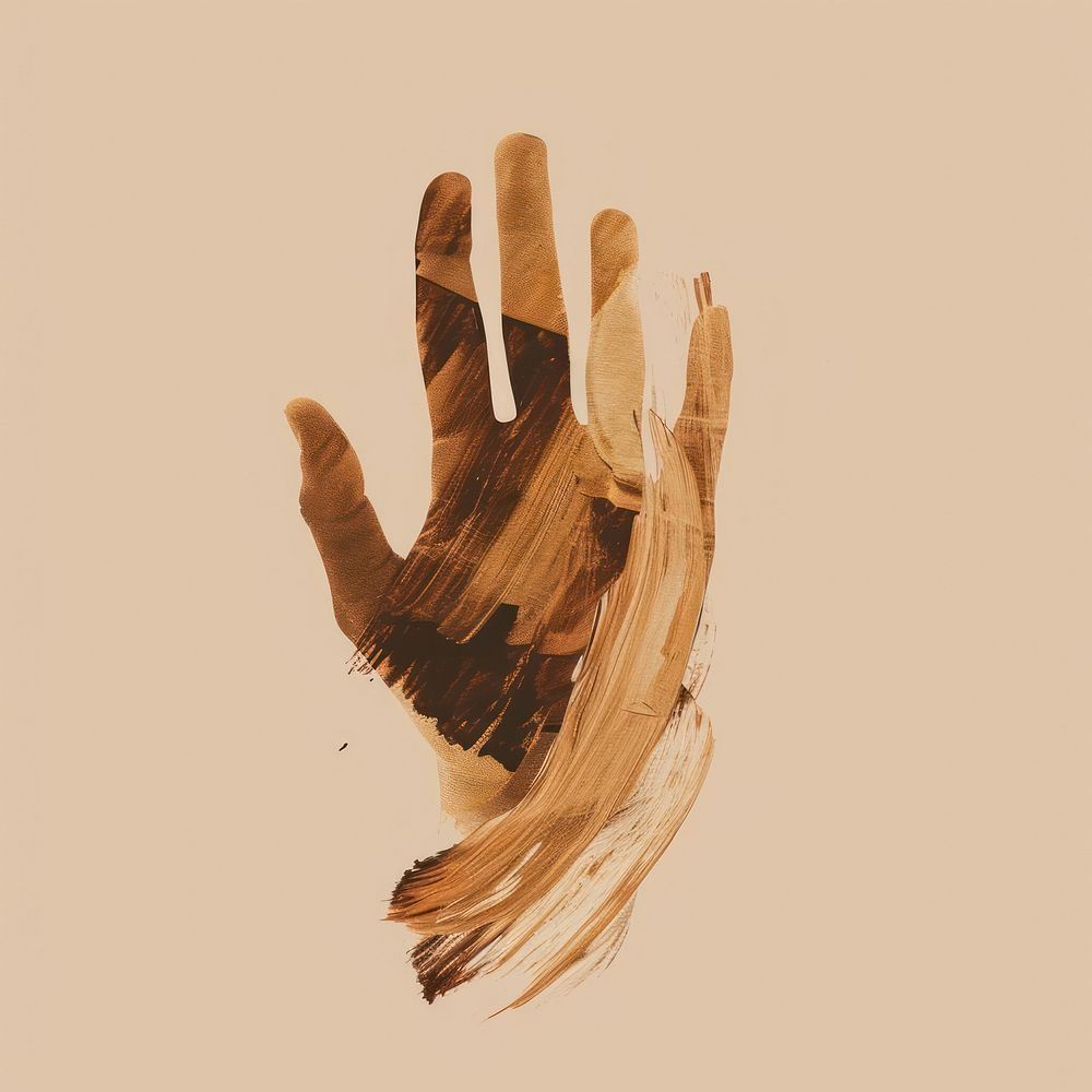 Hand with a brown brush stroke finger wood art.