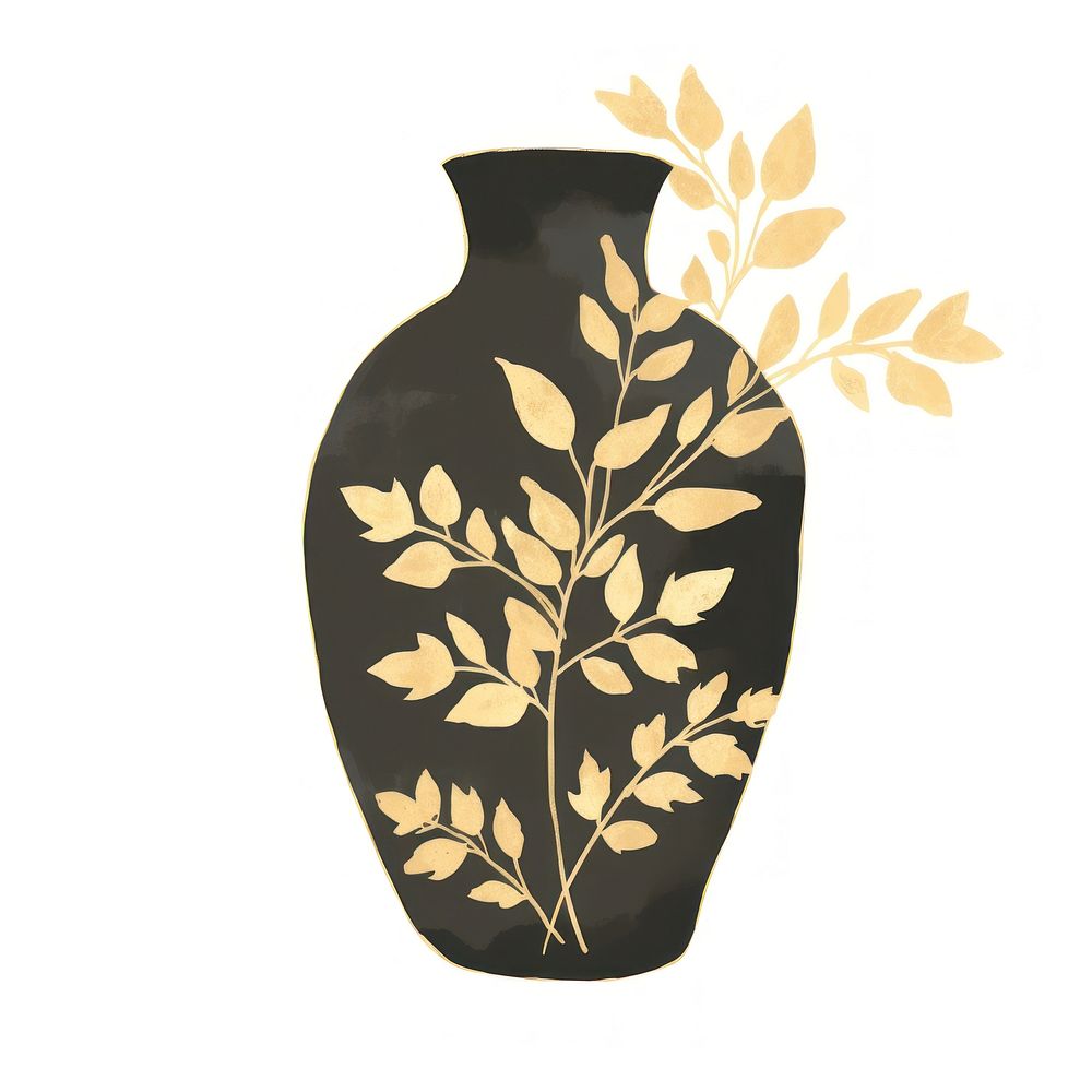 Leaves black vase color in the style of ink folk art-inspired illustrations porcelain pottery white background.