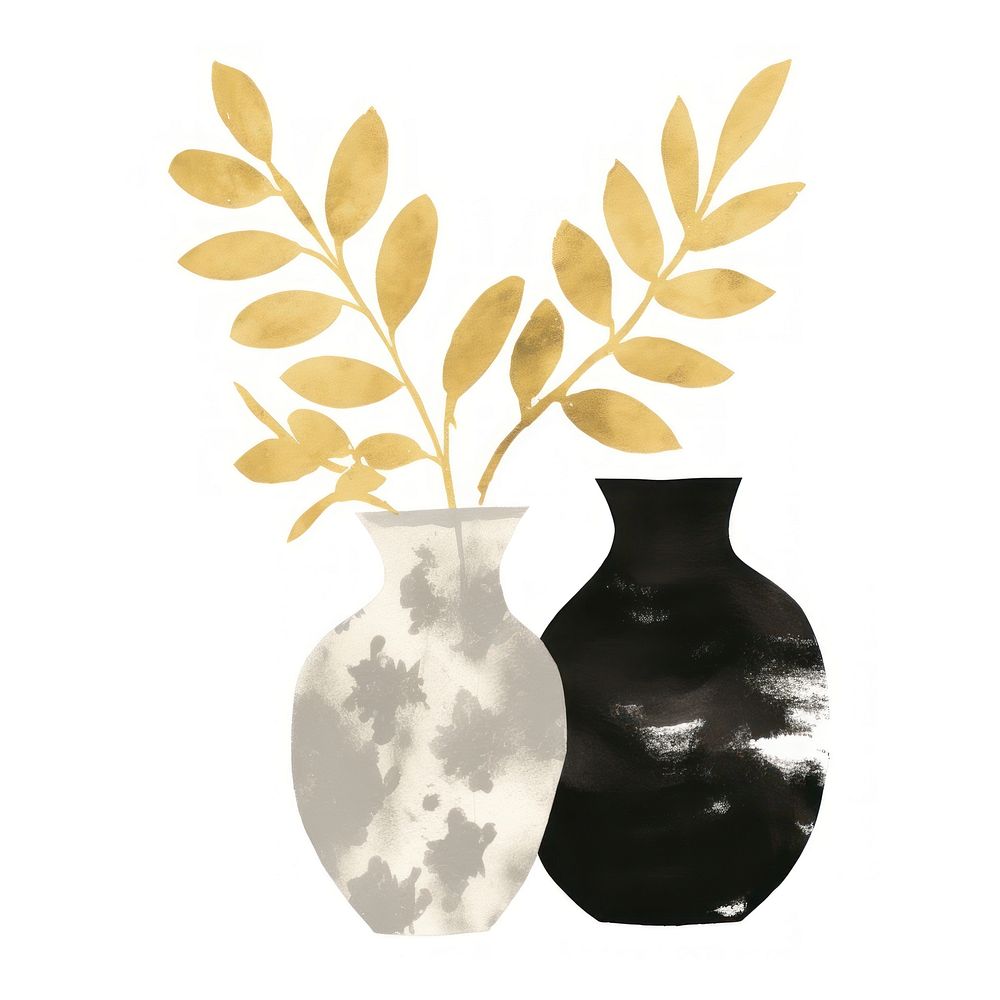 Leaves black vase color in the style of ink folk art-inspired illustrations plant white background decoration.