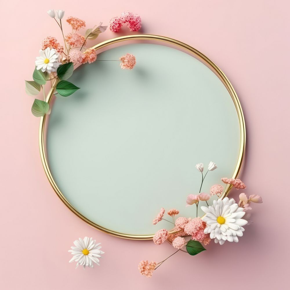 3d Surreal of a blank gold circle frame with flowers plant photography decoration.