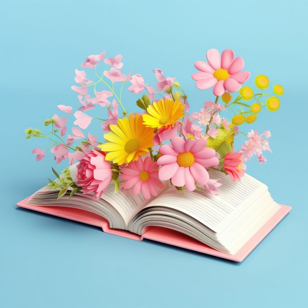 3d Surreal of a open book with flowers publication plant petal.