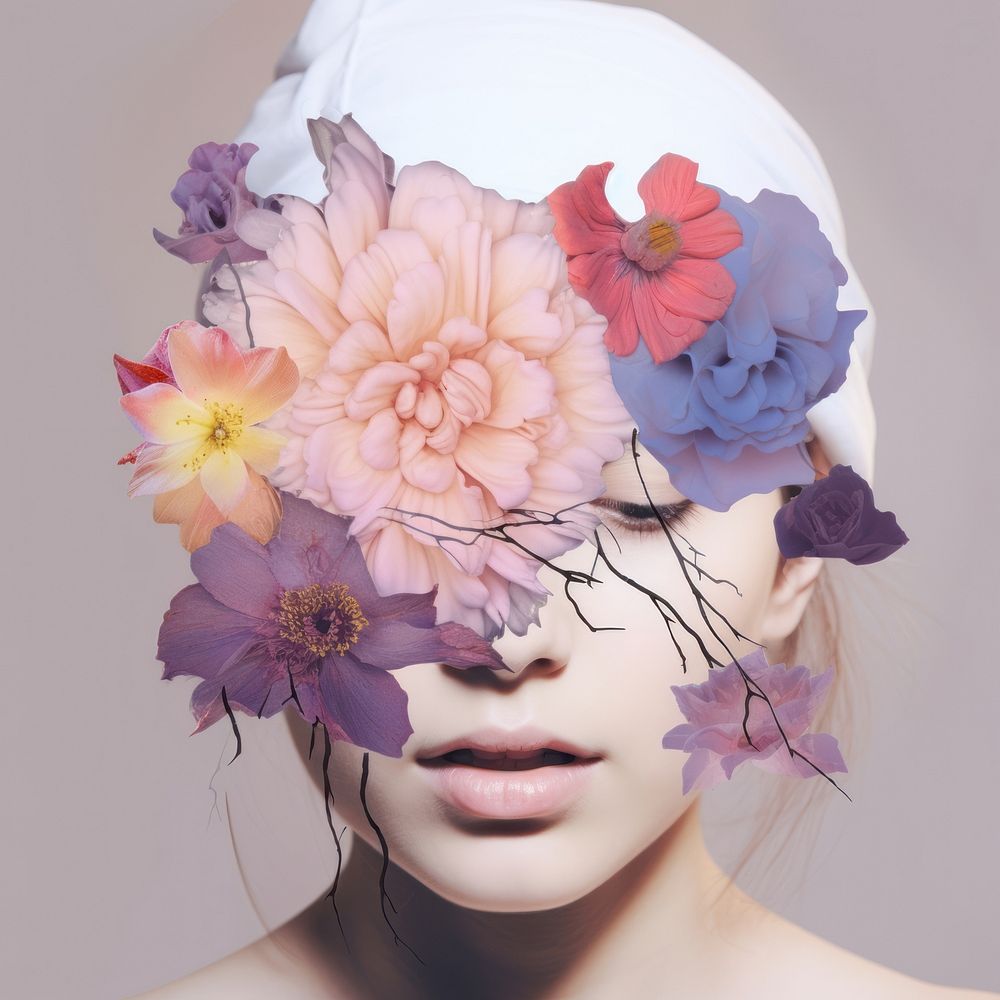 Flower photo and line art look like brain plant petal accessories.