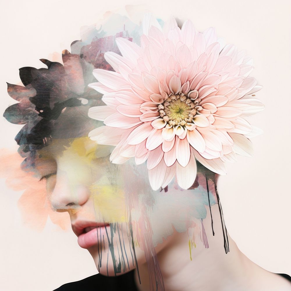 Flower photo and line art look like brain portrait painting petal.