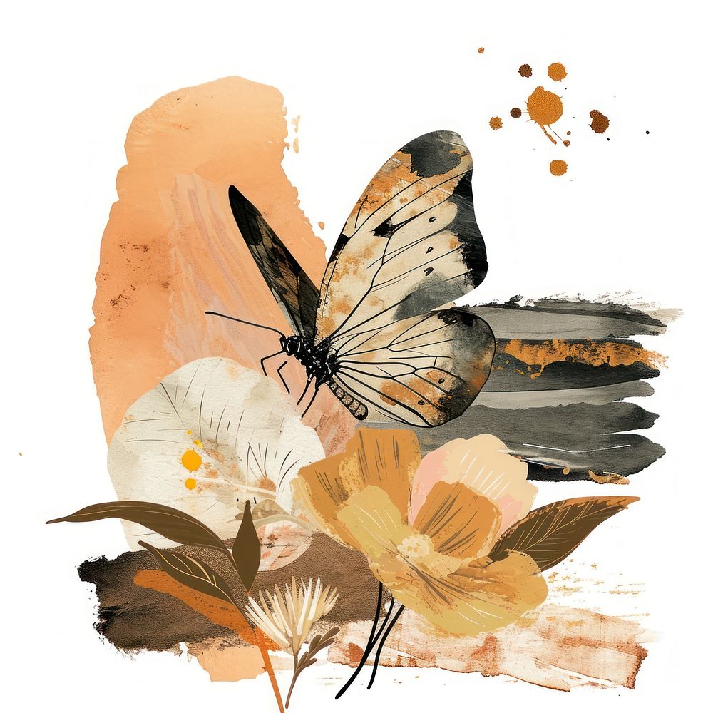Butterfly and flower with a Earth Tone brush stroke painting pattern animal.