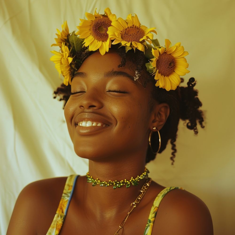 Young african american woman sunflower necklace portrait.