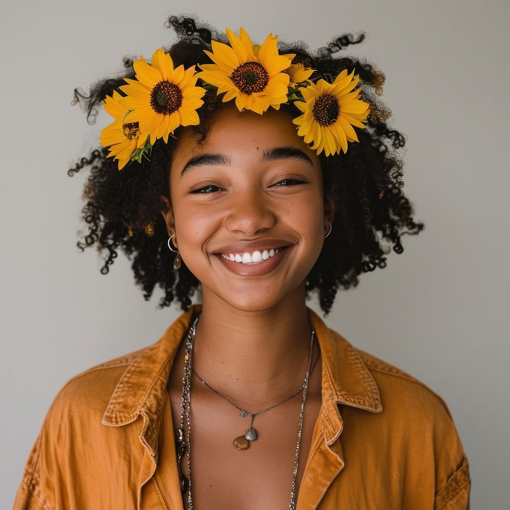 Young african american woman flower sunflower portrait.