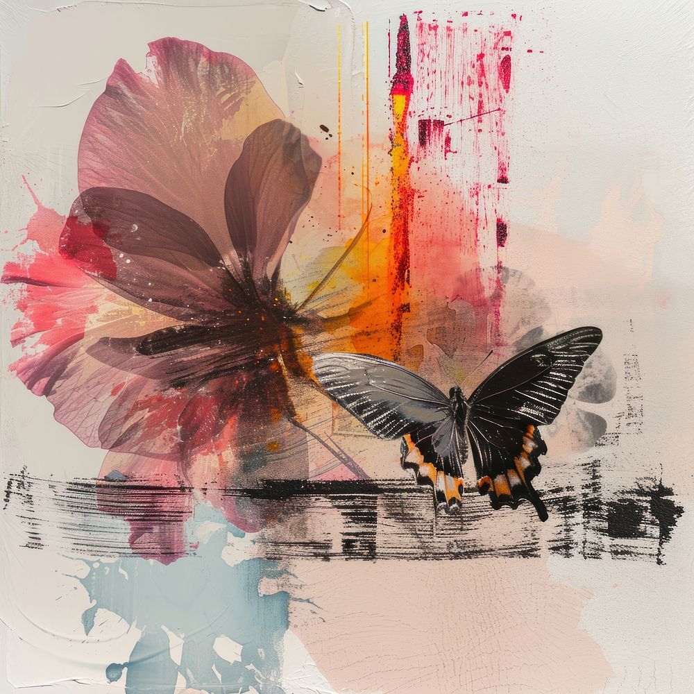 Butterfly and a flower with an acrylic stroke on top element overlay art painting collage.