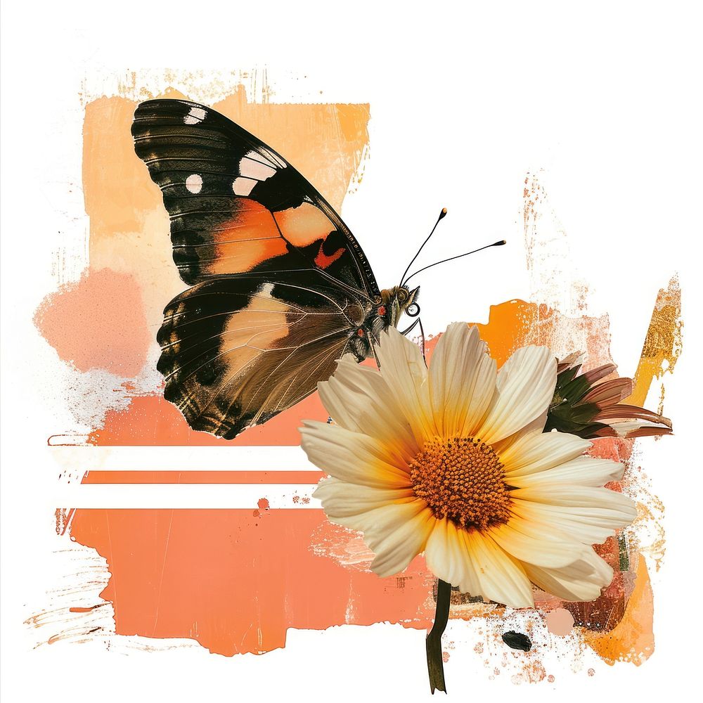 Butterfly and flower overlaid with acrylic painting stroke insect animal petal.