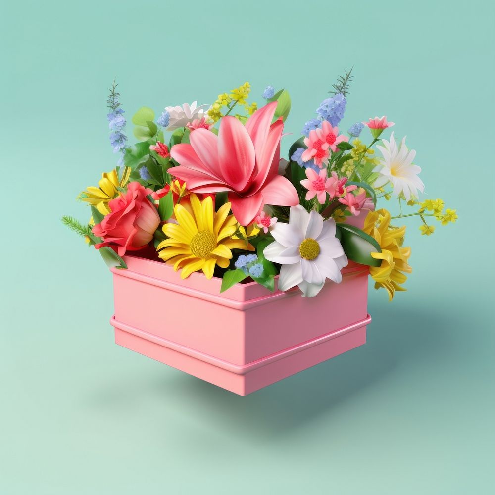 3d Surreal of a box with flowers plant inflorescence celebration.