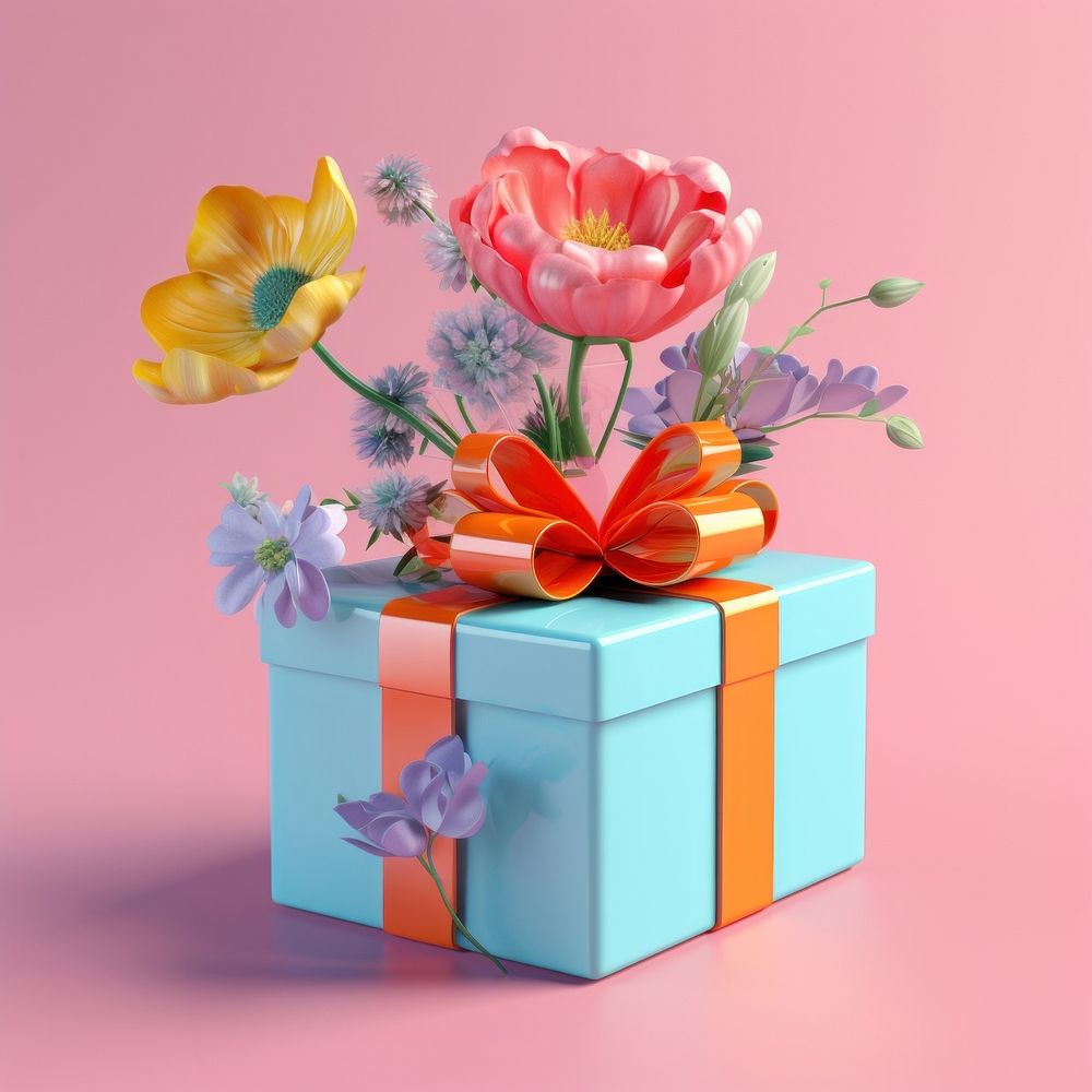 3d Surreal of a gift box with flowers plant rose inflorescence.