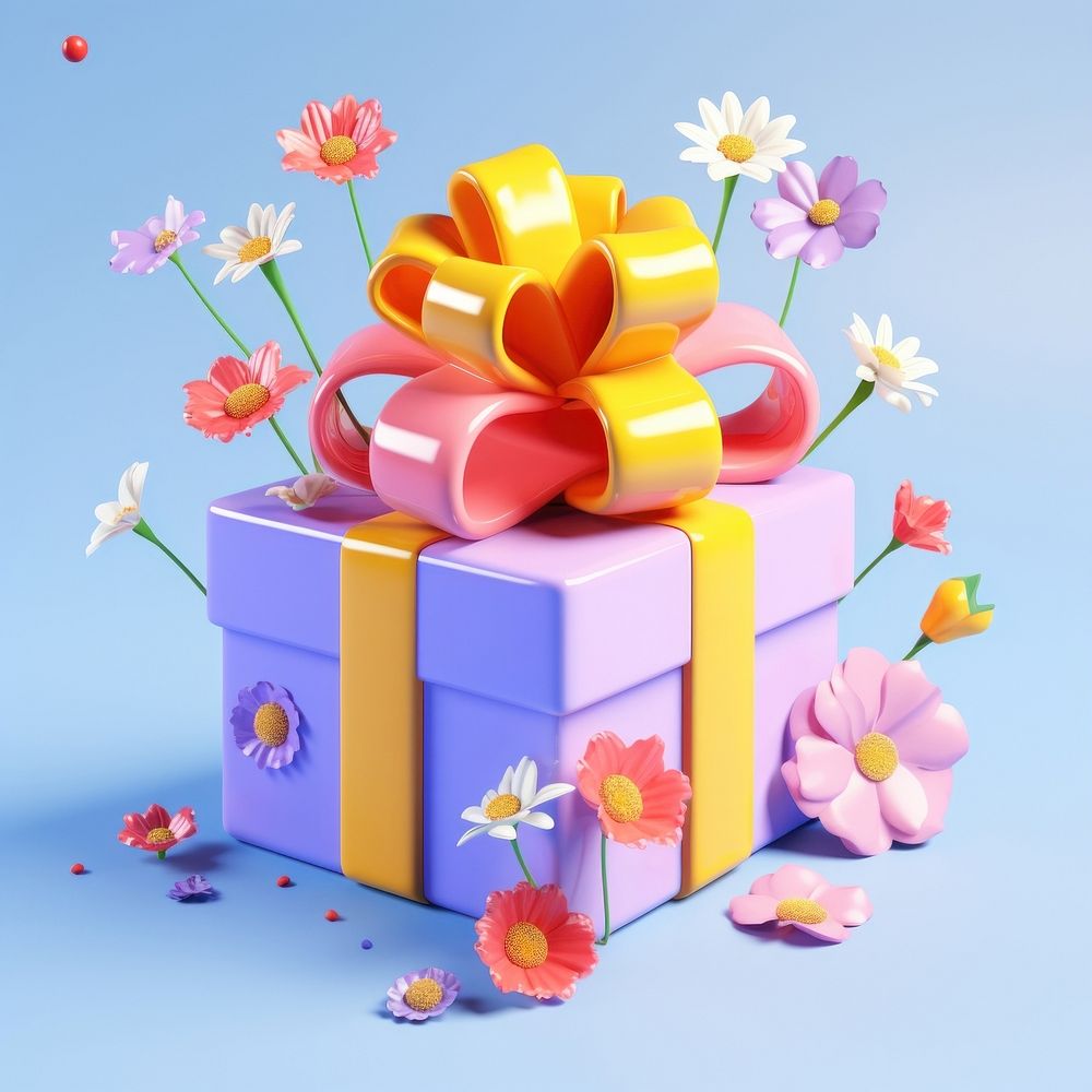 3d Surreal of a gift box with flowers plant inflorescence celebration.